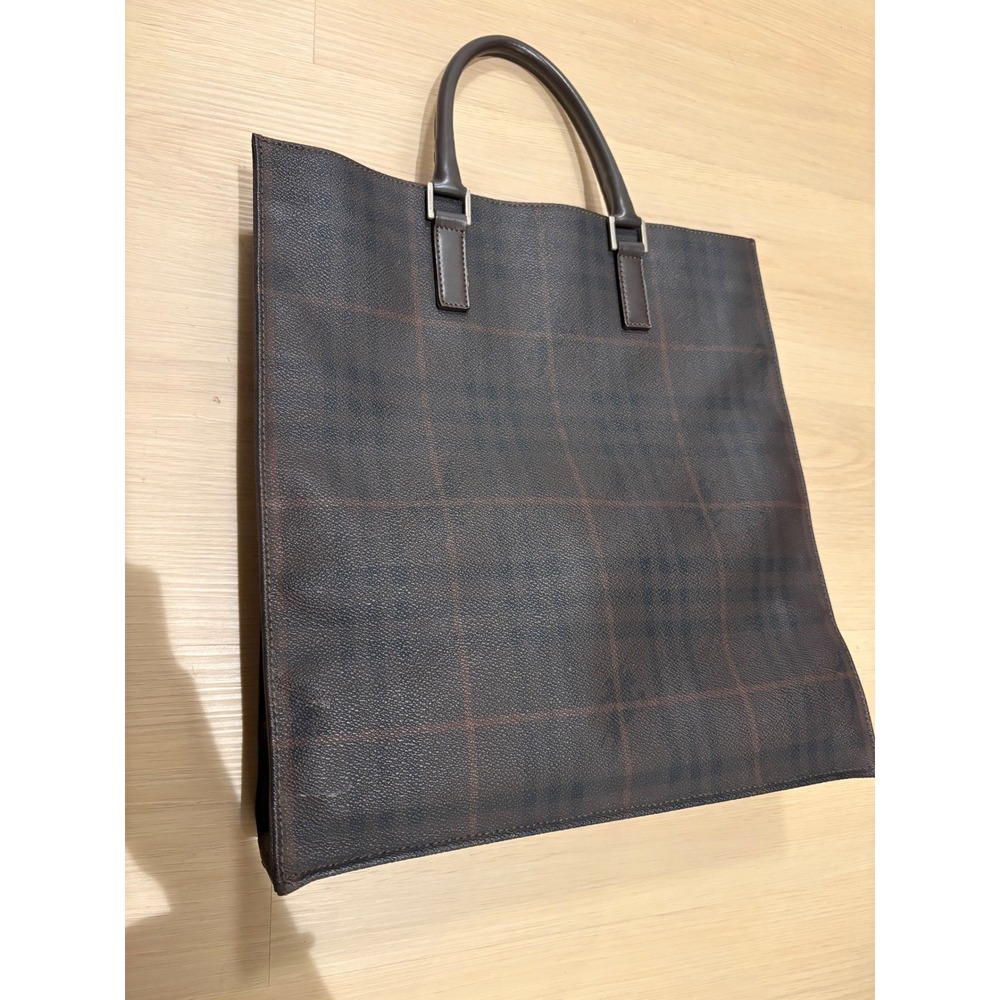 Burberry London Mens Smoked Check Tote Bag Brown Leather Trim Made in Italy - Picture 14 of 14
